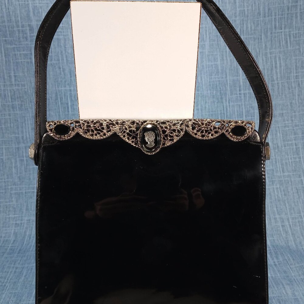 1950s Vintage Black Patent Leather Filigree and Cameo Purse by Triangle New York